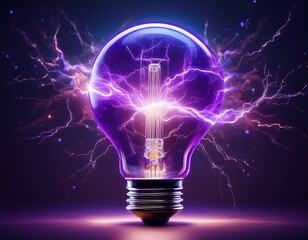 purple electric light bulb with lightning bolts inside energy and science concept