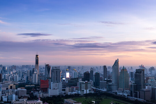 Bangkok city skyline at dawn, modern skyscrapers, urban metropolis, Thailand