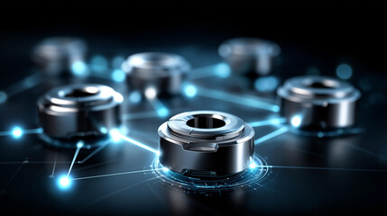 Abstract arrangement of polished metal components in geometric network, product launch presentation, UI/UX mockups design, data visualization dashboards, holographic interface elements,