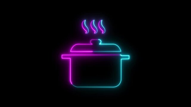 Glowing neon cooking icons including hot soup, boiling pot, vegetables glowing neon cooking icon animation. illustration in a circle,  web use for cooking, and kitchen tools vertical video animation.