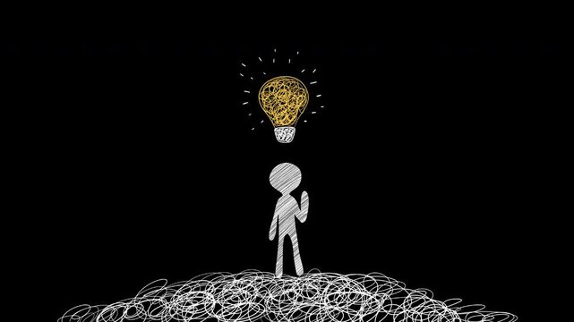 Creative idea concept looped animation with lightbulb and character on transparent background. Minimalist hand-drawn. Glowing yellow lightbulb. For educational, business presentations. Alpha channel