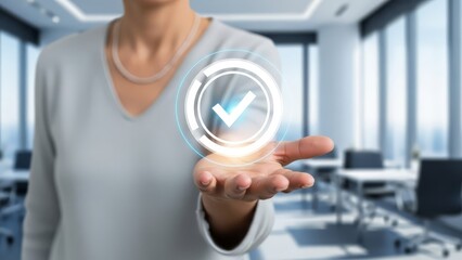 Professional woman presenting a glowing holographic checkmark icon over her open palm in a modern office environment.