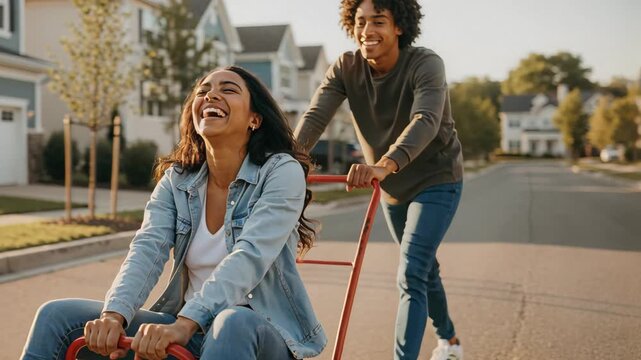 Playful couple laughing while riding a red hand truck on a suburban street. Man pushing woman on a dolly in a residential neighborhood. Moving into a new home concept