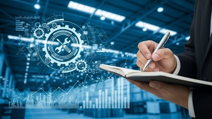 Professional writes in a notebook, surrounded by holographic industrial analysis data in a modern warehouse environment.