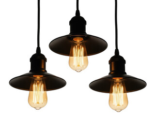 Three black pendant lights with warm bulbs isolated on transparent background