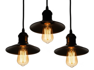 Three black pendant lights with warm bulbs isolated on transparent background