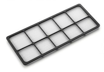 Clean rectangular air filter with a black plastic frame and white mesh surface, used in HVAC or purifier systems.
