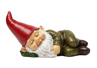 Whimsical ceramic garden gnome figurine with red hat, sleeping on its side, perfect for yard decoration or fantasy themes.

