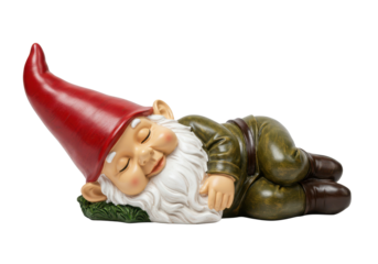 Whimsical ceramic garden gnome figurine with red hat, sleeping on its side, perfect for yard decoration or fantasy themes.
