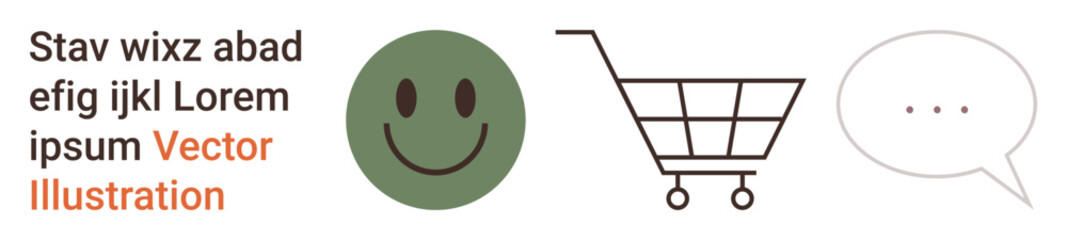 Fototapeta premium E-commerce, communication, feedback, digital marketing, happiness, online shopping. A green happy face, a shopping cart and a speech bubble. E-commerce and communication concept