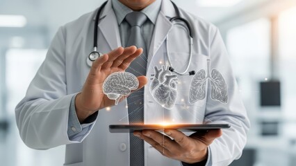 Skilled doctor holds a digital tablet from which illuminated holographic human organs like the brain emerge.