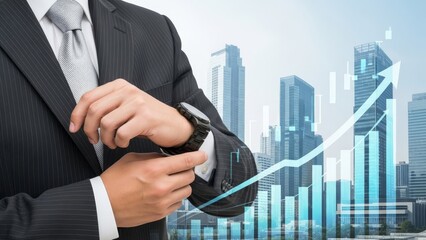 Sharp businessman adjusts his cuff, overlooking a financial growth chart projected onto a dynamic city skyline.