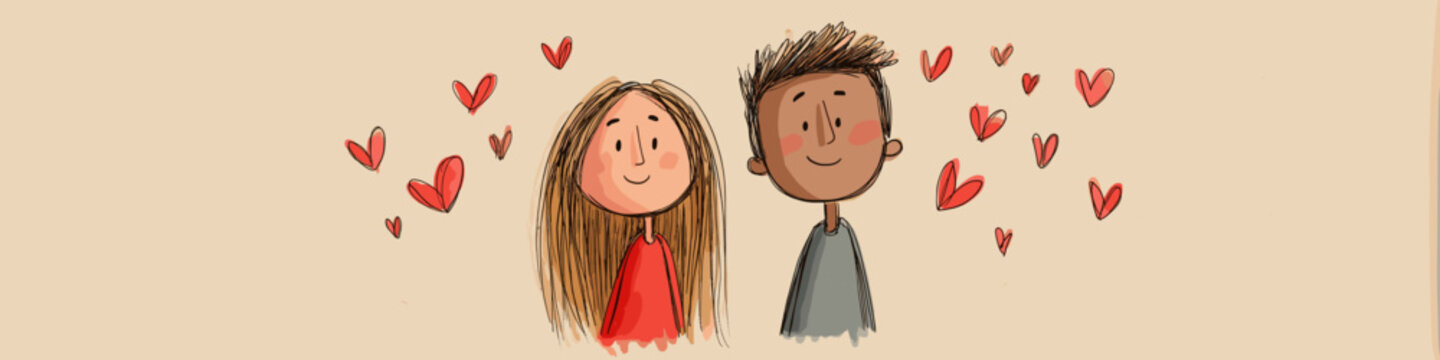 Smiling cartoon boy and girl with red hearts floating above them, depicting true love. Happy cartoon couple showing love and affection