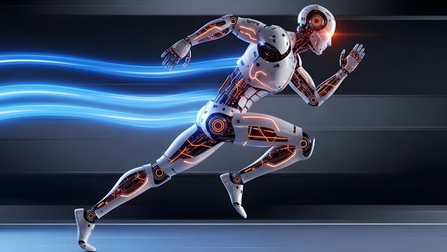 Futuristic humanoid robot running at high speed. Artificial intelligence and advanced motion technology. Robotic athlete sprinting through a digital environment with blue energy trails