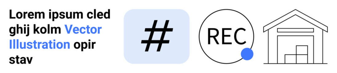 Obraz premium metadata tag in blue square, record button with dot, and warehouse outline. Ideal for media, social media, technology, content creation, data storage, recording and simple landing page