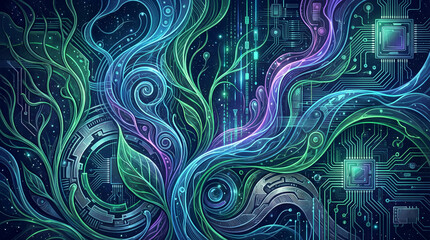 Obraz premium Luminous, flowing elements of nature intertwine with detailed circuit boards, radiating a vibrant, dreamlike quality in a fusion of technology and organic forms.