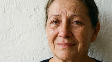 An elderly woman stands near a textured wall with tearful eyes. Her face reveals the golden lines of age and experience, yet she also smiles gently, suggesting inner peace.