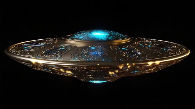 Futuristic metallic UFO spacecraft hovering in dark space
with glowing blue energy core and reflective chrome surfaces.
Sci-fi alien spaceship animation with dramatic lighting &mdash; 4K HD Video