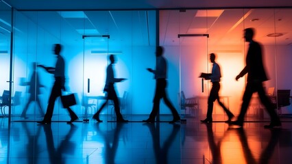 Corporate business professionals walking in a modern office. Career growth and team collaboration. Silhouettes of people moving through a glass corridor with blue and orange lighting