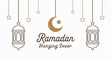 Ramadan Decor: A festive scene of elegant hanging lanterns, crescent moon and stars, designed to enhance the celebration of Ramadan. 