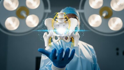 Surgeon in blue scrubs and gloves presents a glowing holographic 3d model of the human pelvis.