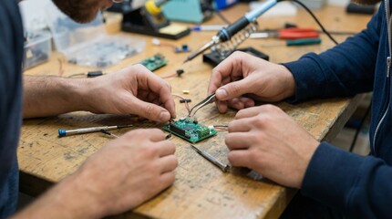 Two technicians working on a circuit board in a workshop setting.