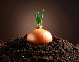 Vibrant green shoots emerge from a healthy brown onion bulb planted firmly in a dark mound of rich organic soil, symbolizing new beginnings, natural growth, and sustainable agriculture