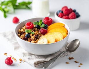 Delicious bowl of homemade granola with fresh raspberries, blueberries, banana slices, and peach slices, perfectly prepared for a healthy breakfast