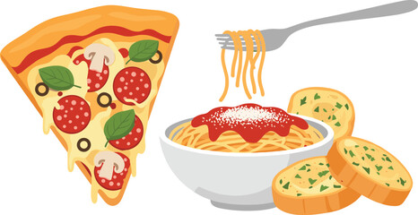 Illustration of popular Italian food items including pizza, spaghetti, and garlic bread in cartoon vector style © Mahathir Mohammad