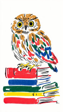 Cute Young Owl with Colorful Feathers Sitting on Books