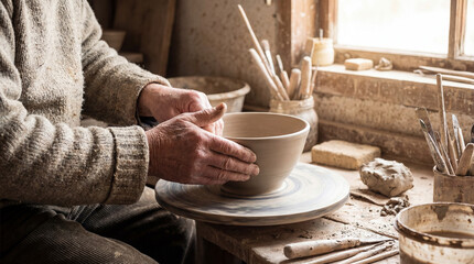 In a cozy studio, a potter meticulously shapes a clay bowl. Focused and skilled hands mold the material on a spinning wheel, a testament to the enduring art of pottery.