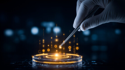 Gloved hand using tweezers over petri dish with data interface representing laboratory research, biotech innovation, and clinical testing.
