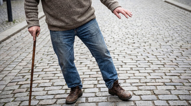 An older person is gingerly walking along a cobblestone street, using a wooden cane for support and balance on a sunny day in Europe.