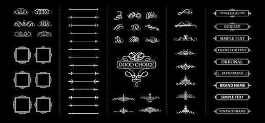 Vintage set decor elements for wedding cards, decorating valentines, vector framing title of different printed products. Vintage patterns, frames and weaves on a white background. Exclusive brown icon