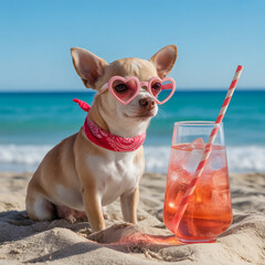 Cute Chihuahua Dog Wearing Sunglasses Sitting on Tropical Beach With Summer Cocktail, Fun Vacation Concept Illustration