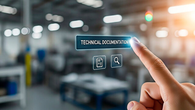 A hand interacting with technical documentation in a modern industrial setting