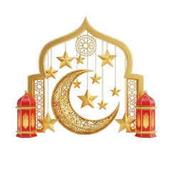 Golden crescent and stars with lanterns isolated on transparent background