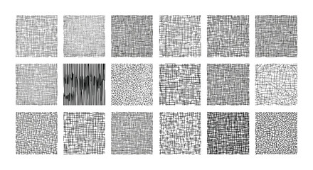 Extensive grid of fifteen diverse black and white line patterns and grunge textures, providing versatile background elements for designers. © Rowan