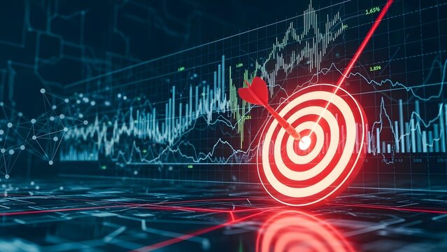 Financial target and successful investment goal. Stock market analysis and trading strategy. Red dart hitting center of a glowing target over a digital data chart