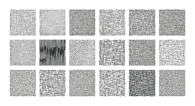 Extensive grid of fifteen diverse black and white line patterns and grunge textures, providing versatile background elements for designers.