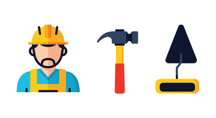 Naklejka premium Construction worker icon set featuring a man in a yellow hard hat along with a steel hammer and a masonry trowel on a white background.