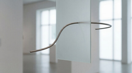 A curved silver rod elegantly pierces a translucent glass panel, suspended in a bright, airy Museum. Sunlight streams through expansive windows in the background.