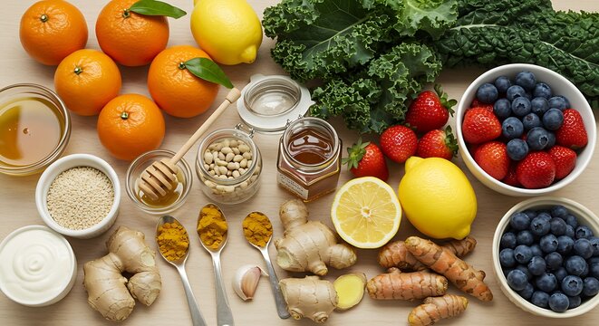 A Vibrant Flat Lay of Immune-Boosting Superfoods - Citrus, Berries, Ginger, and Turmeric.