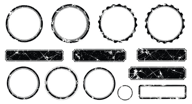 Set of distressed black stamps and frames in circular and rectangular shapes with a worn texture for vintage design projects.
