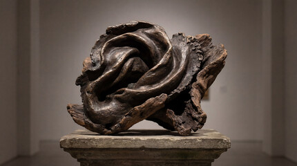 A bronze sculpture resembling a swirling rose is displayed in a museum. The piece sits atop a stone pedestal, catching the gallery's light.