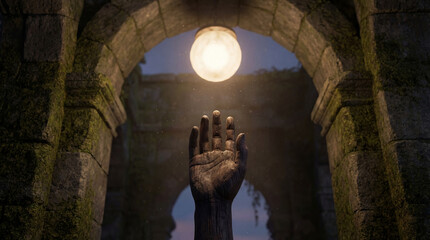 A weathered wooden hand extends up to a bright glowing orb. The scene unfolds beneath an ancient stone archway covered in moss, evoking a sense of mystery.