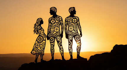 A girl holding hands with two men, all silhouetted against a vibrant sunset. Their bodies are filled with ornate gears, waves, and compasses, suggesting they are intricate mechanisms.