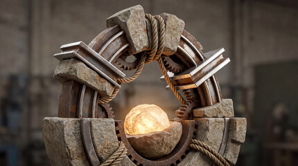 A circular gateway of rugged stones, weathered iron, and twisted rope frames a sphere of radiant light. Gears peek from within, suggesting an ancient mechanism.