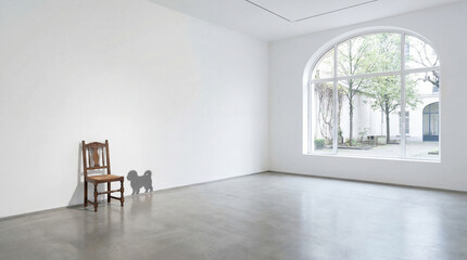 A lone wooden chair sits in an art gallery, bathed in ethereal light. Its shadow playfully transforms into a dog against a backdrop of stark white walls and a luminous window in Paris.