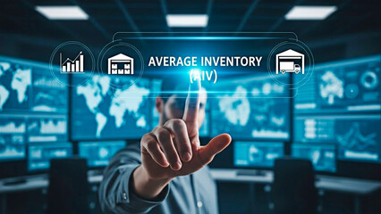 A businessman interacting with inventory management data on a futuristic dashboard